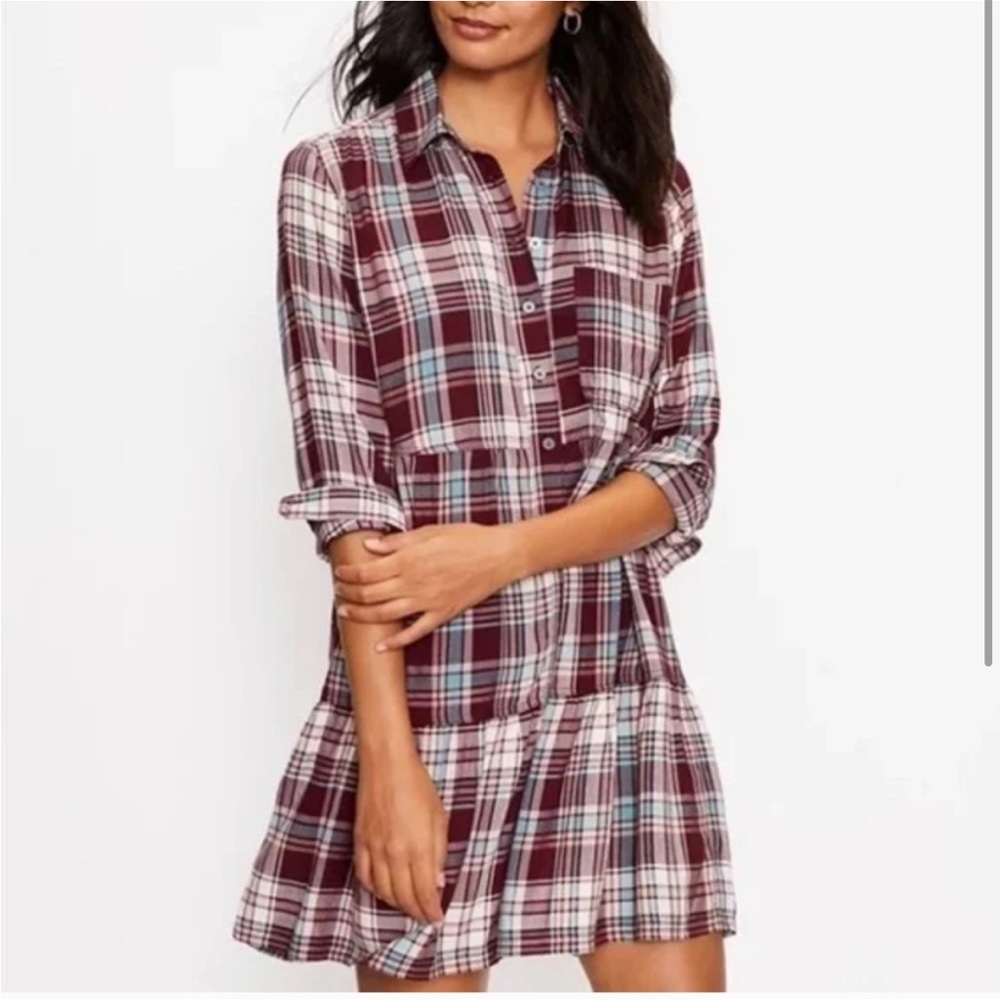 Loft Plaid Tiered Long Sleeve Shirtdress size XS